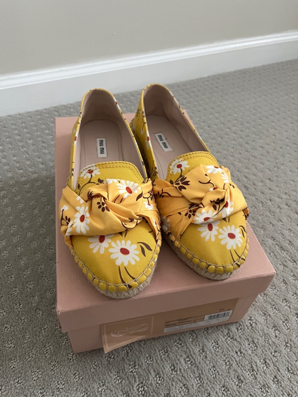 Miu Miu Yellow Floral Knot Espadrille Loafers with Daisy Print